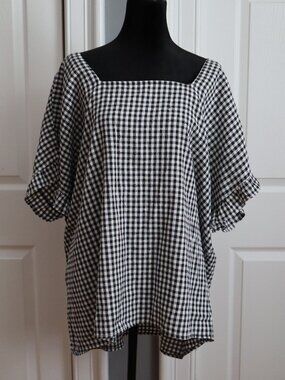 Girl With Curves Plus Size 2X Peasant Blouse Black White Gingham Check Cottage